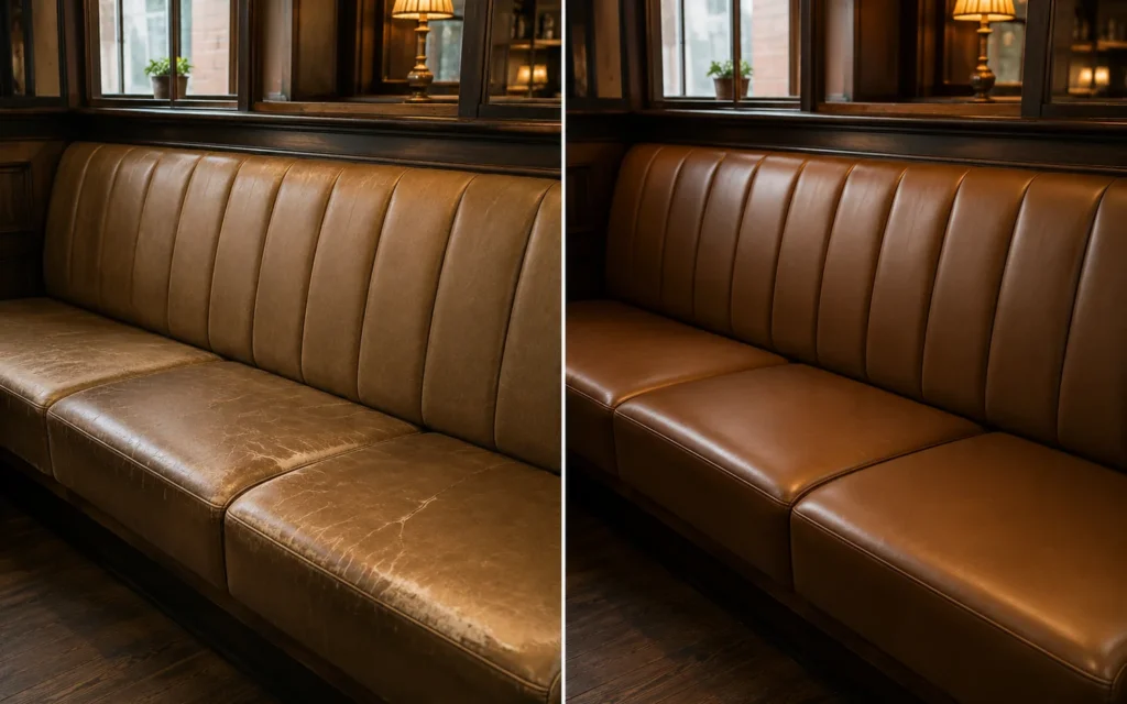 A tan leather banquette shown before and after new covers