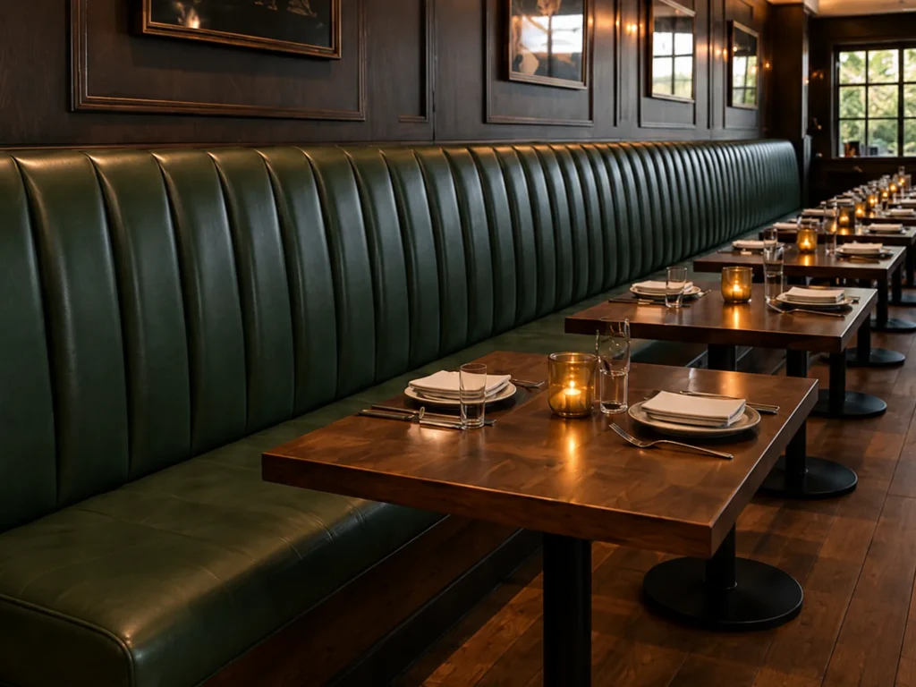 A long green channel-tufted banquette beside set tables