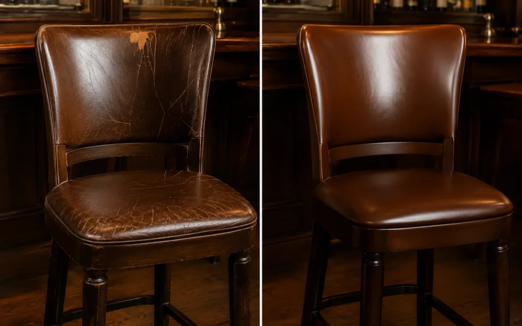 A brown leather bar stool shown before and after new covers