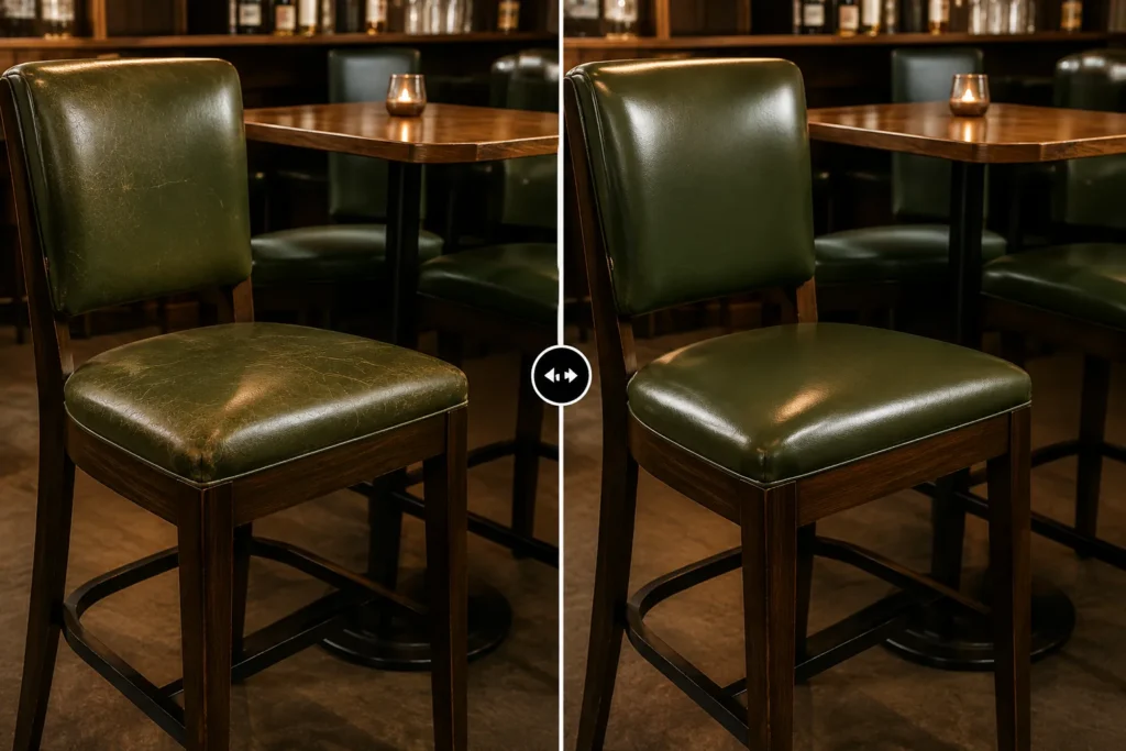 A green leather bar stool before and after restoration