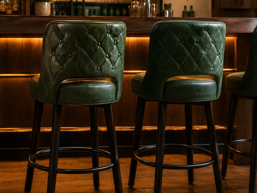 Green leather bar stools with diamond-quilted backs