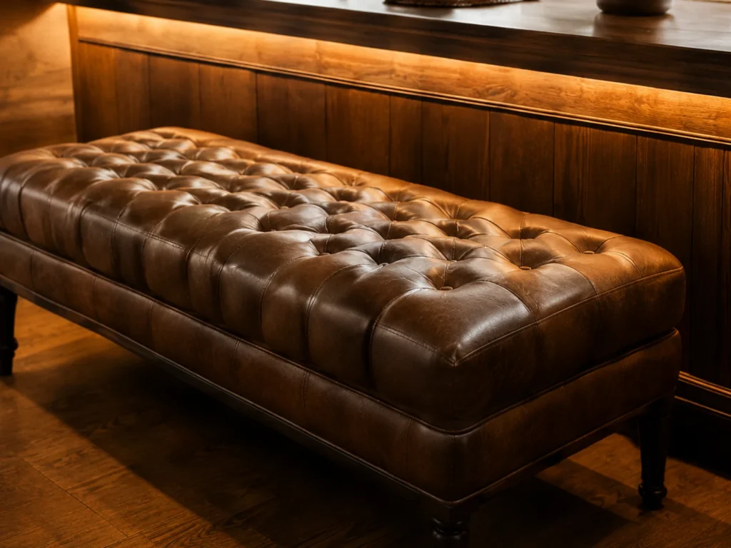 A tufted brown leather bench ottoman