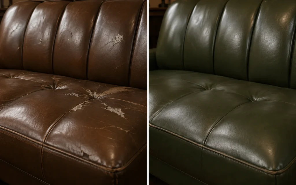 Restaurant booth back shown before and after it was recovered in green leather