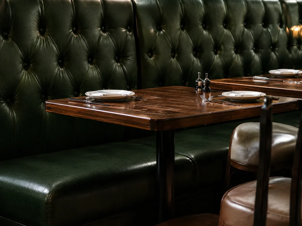 A green leather tufted booth back