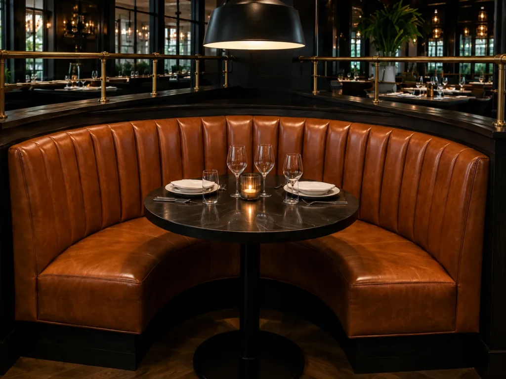 A curved tan leather booth around a round table