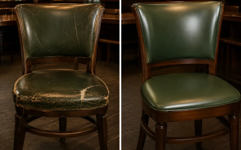 A green leather dining chair shown before and after new covers