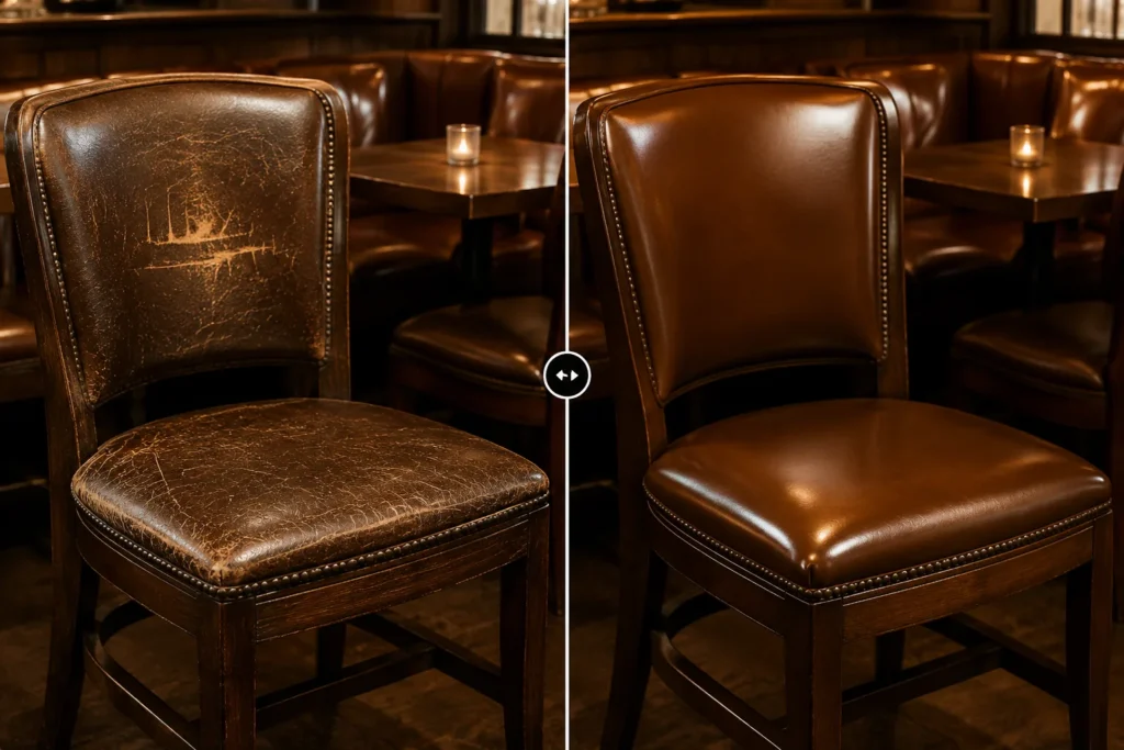 A restaurant dining chair shown before and after restoration