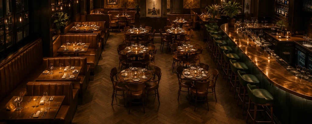 A wide view across a restaurant dining room