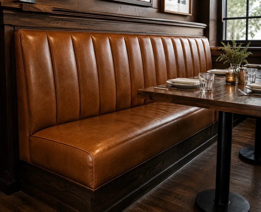 A two-sided tan leather booth on a wooden base