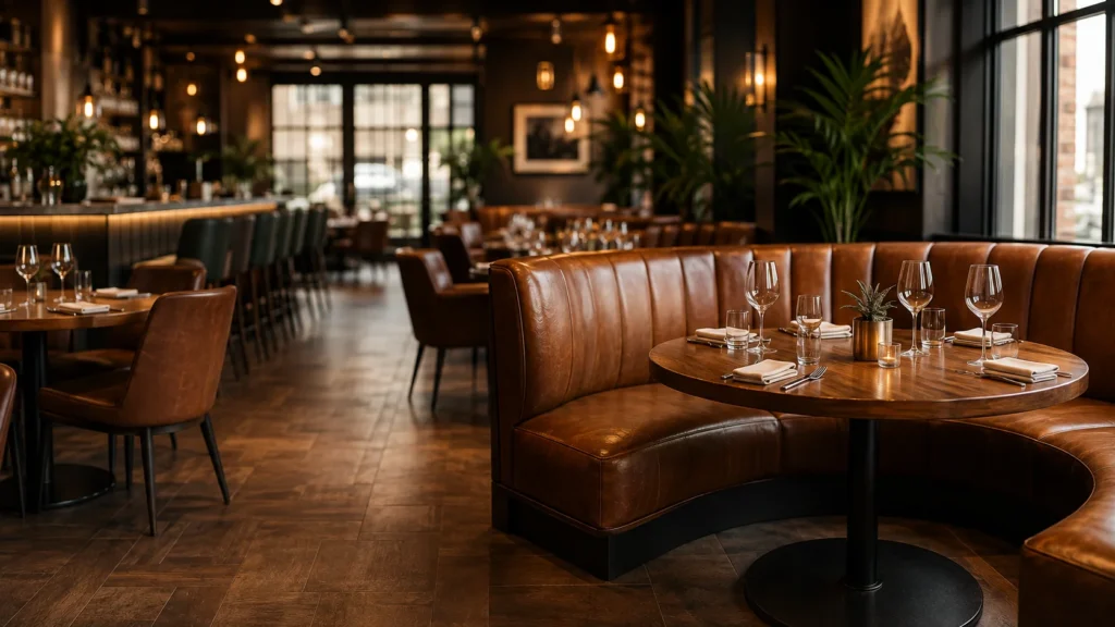 Restaurant dining room with a curved leather booth