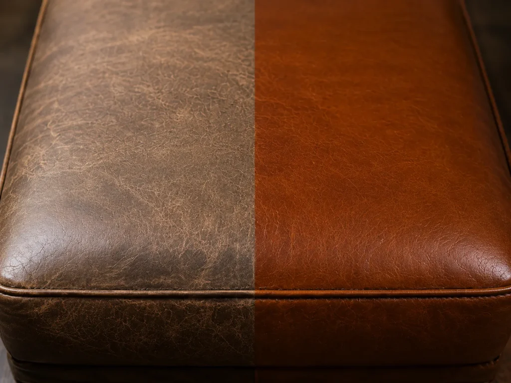 A restaurant cushion with one half restored and one half left as it was