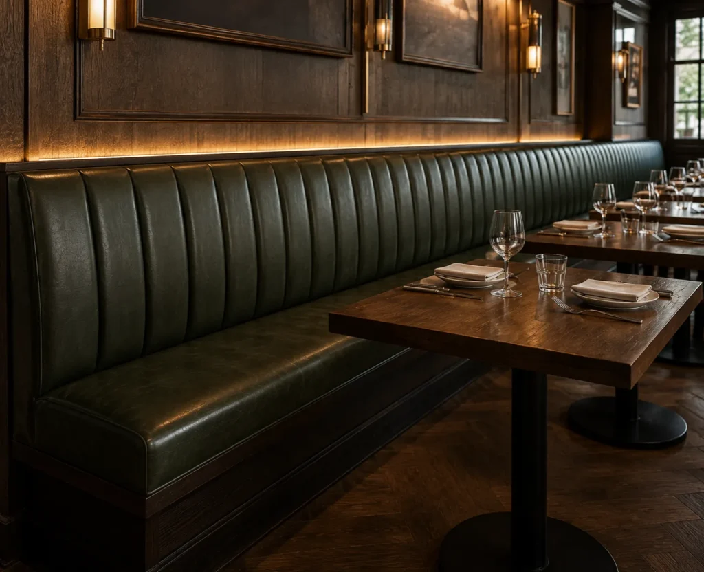 A long green channel-back wall banquette