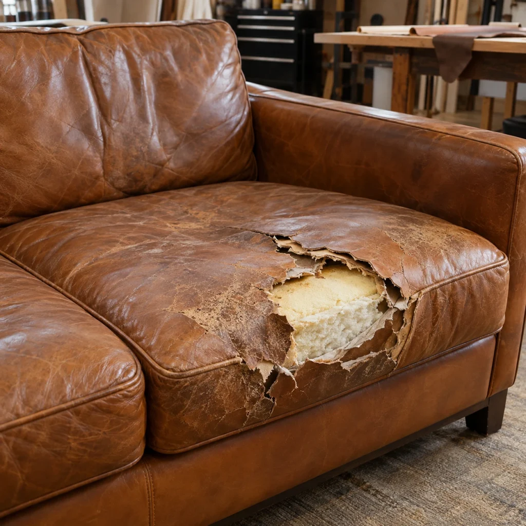 Condition of the leather: hide torn through