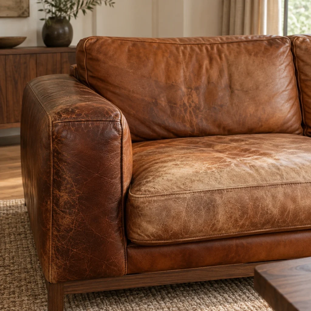 Leather sofa whose arms and seats have worn to mismatched shades