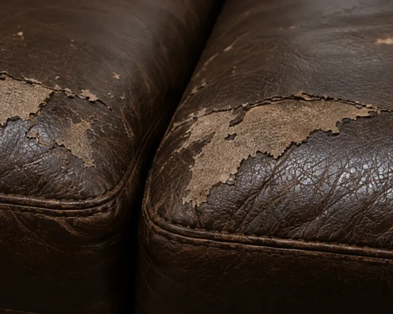 Leather furniture that needs reupholstery: several cushions peel