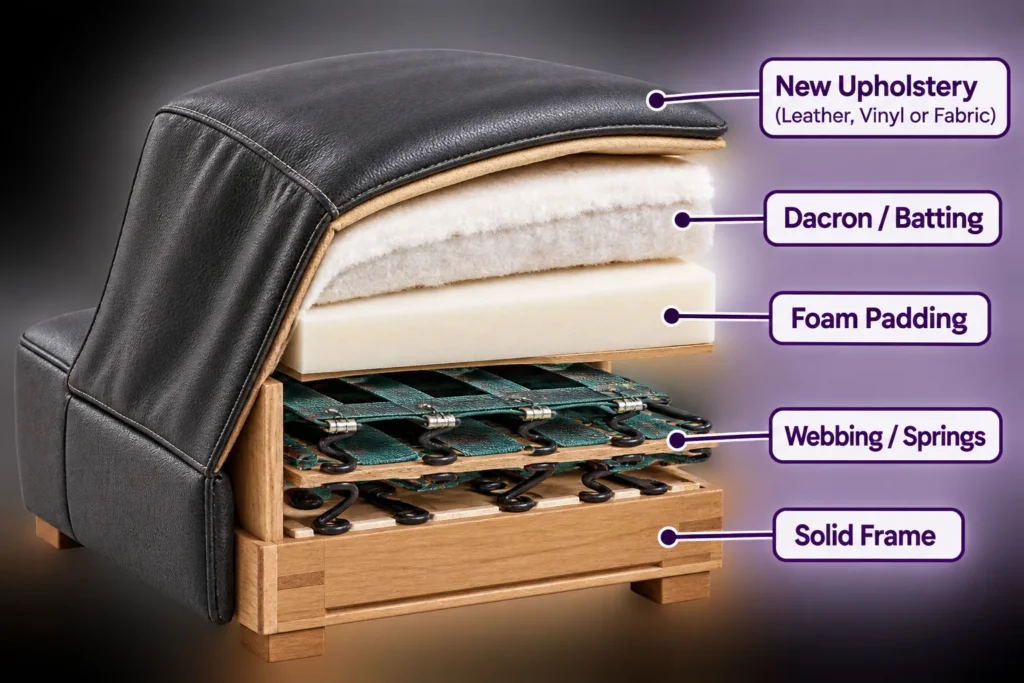 Sofa seat layers: new upholstery, Dacron, foam, webbing and springs, frame