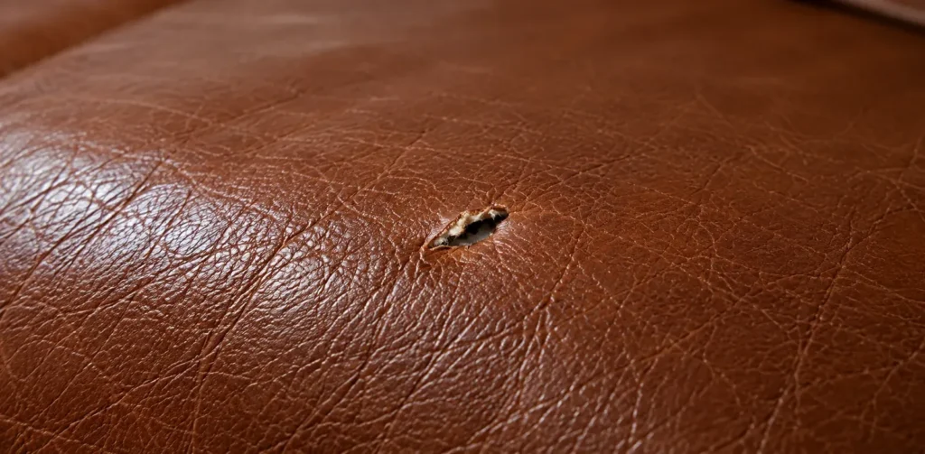 Rip in leather, stage 1. Puncture