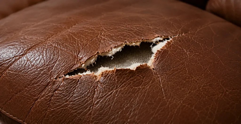 Rip in leather, stage 3. Open rip