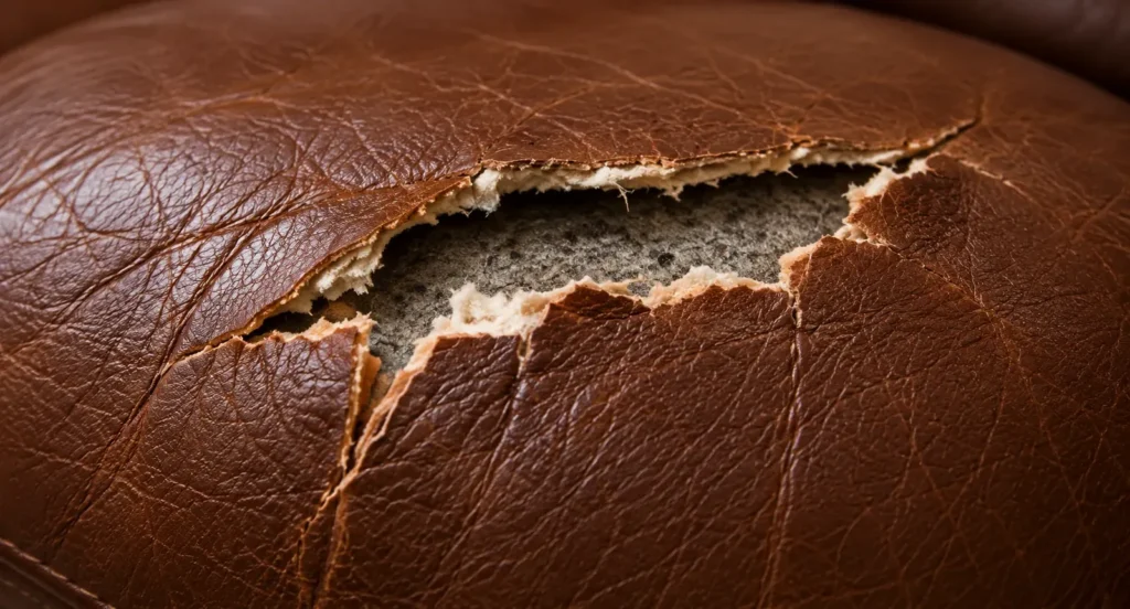 Rip in leather, stage 4. Large rip