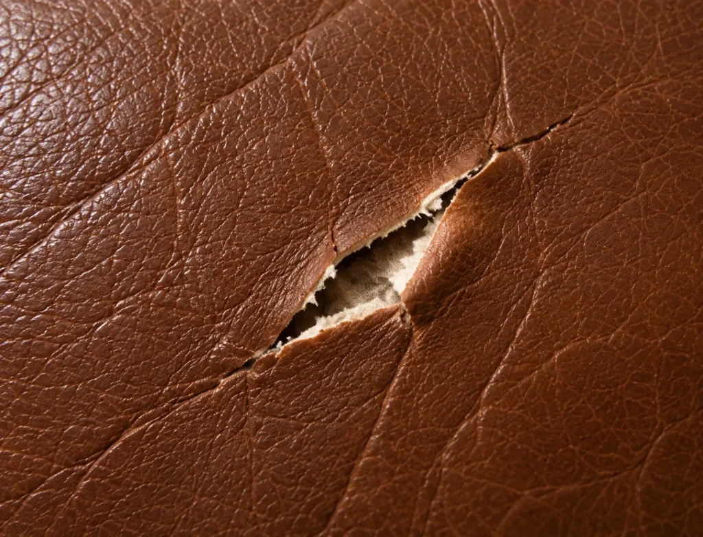 Brown leather rip after the edges were closed