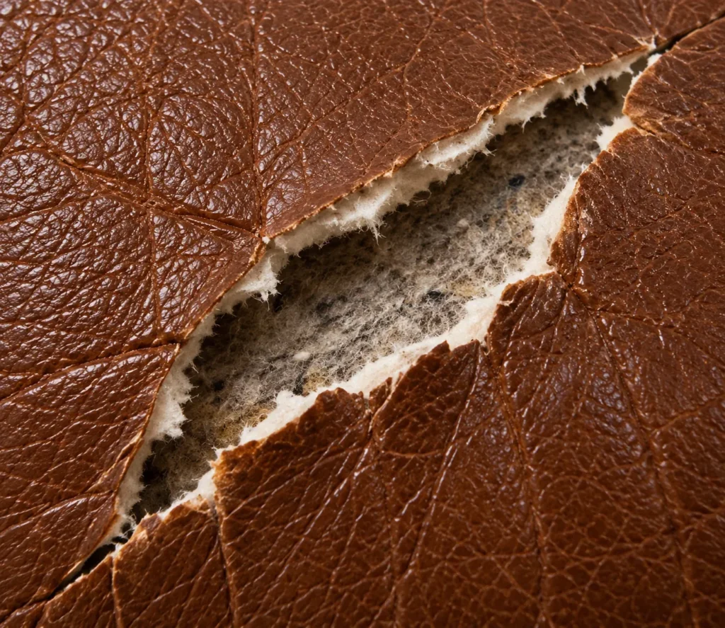 Brown leather rip with the gap still open