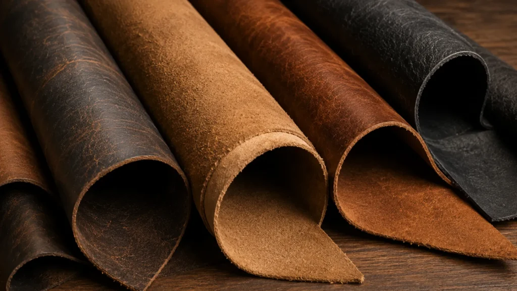 Rolled hides set out to choose from
