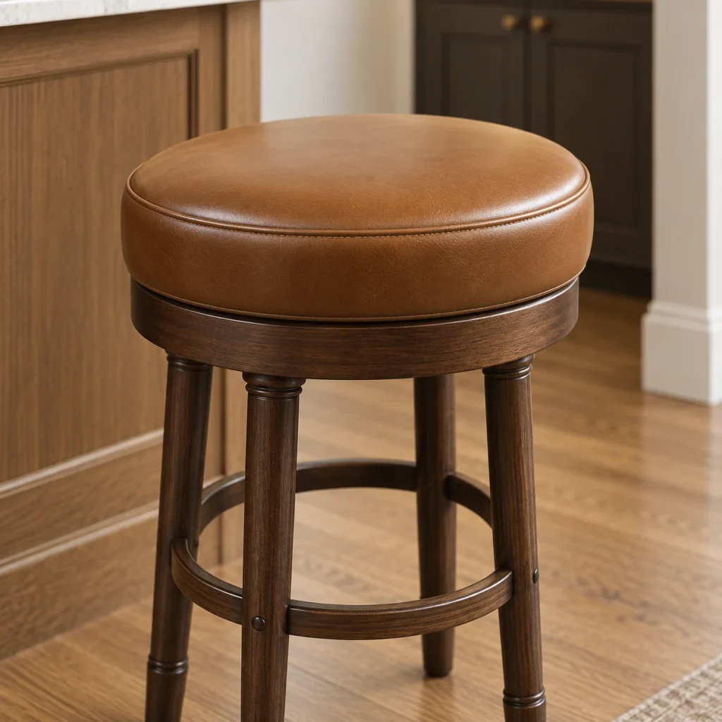 A round brown leather counter stool on a wood base