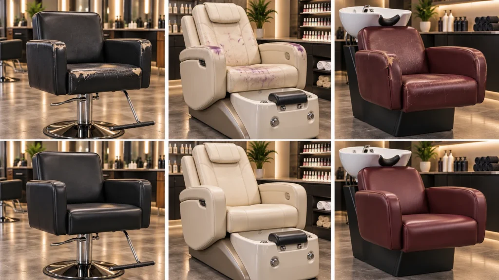 Before and after views of a styling chair, a pedicure chair and a shampoo chair