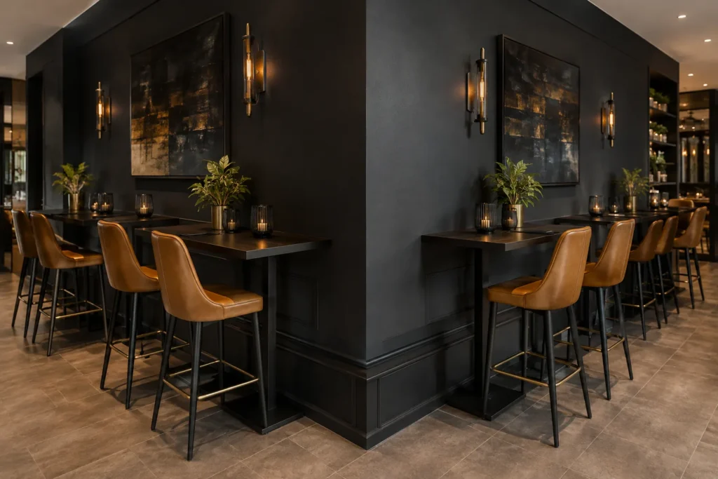 Two rows of tan leather counter stools at high tables