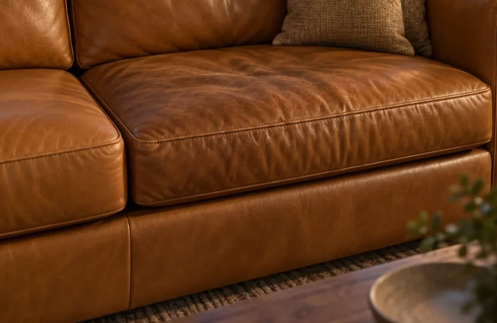 Tired tan leather sofa cushions before restoration