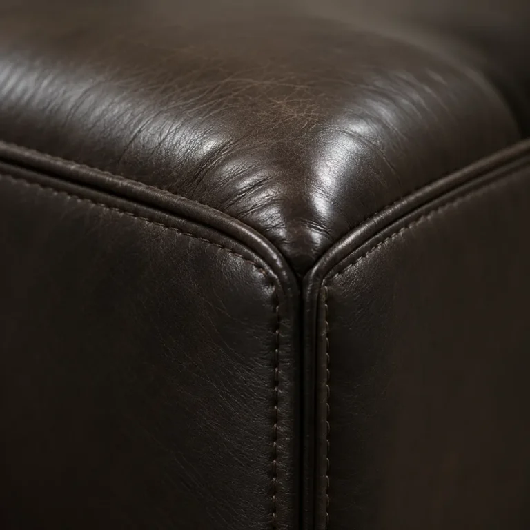 Close-up of crisp, tailored corners on a recovered leather sofa