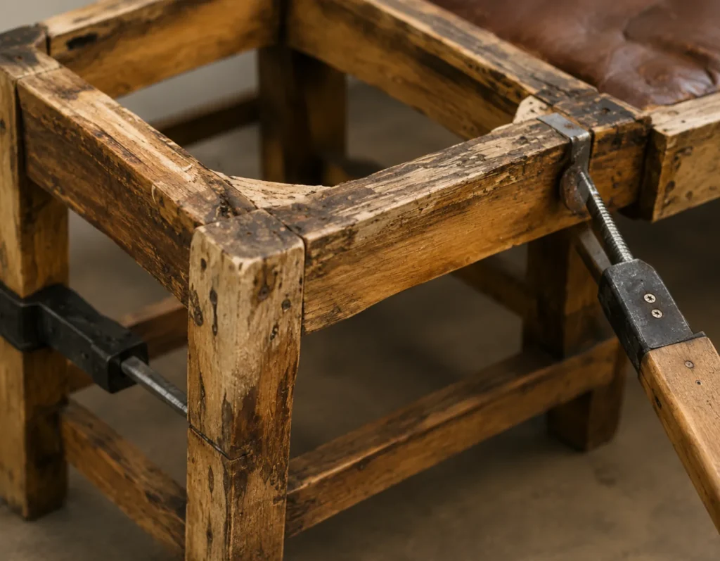 Inside a leather sofa job: tighten the frame