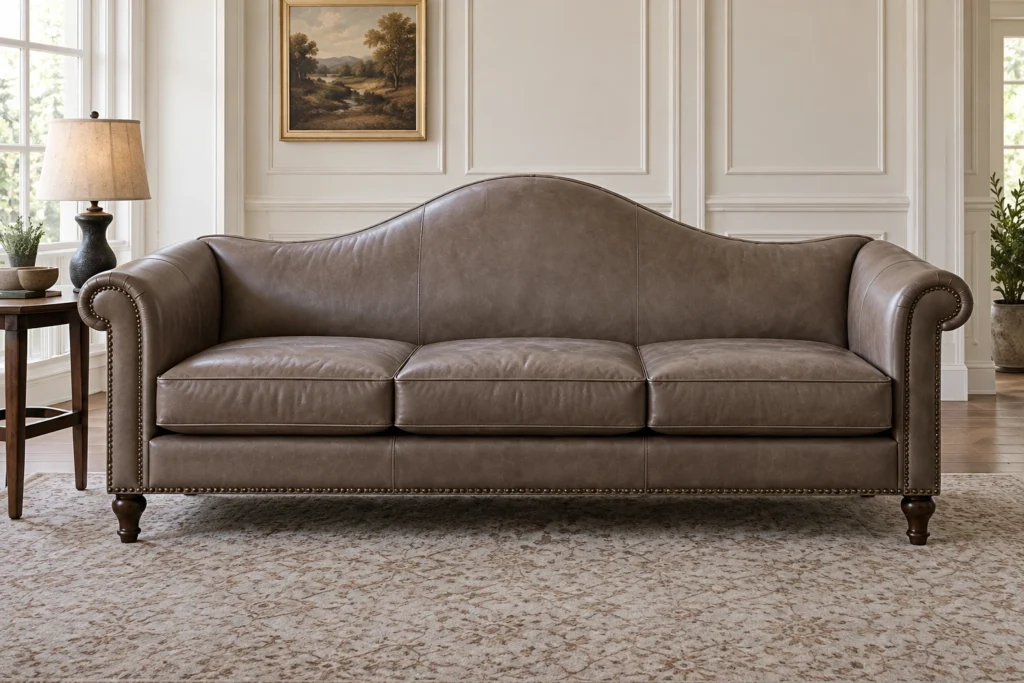 Camelback sofa after being recovered in leather
