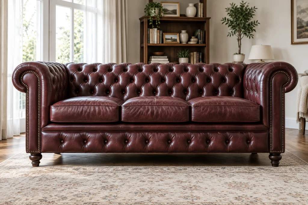 Chesterfield sofa after being recovered in leather