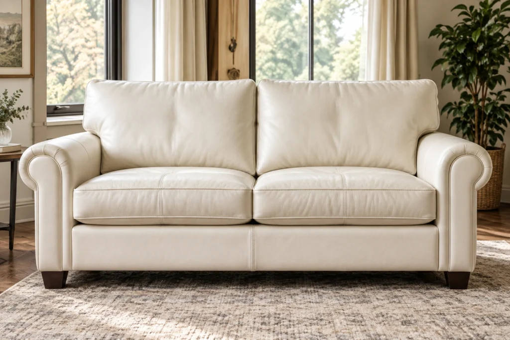Rolled arm sofa after being recovered in leather