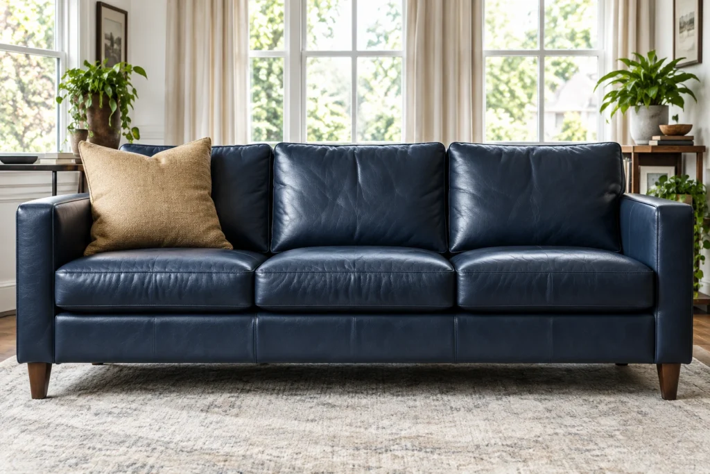 Track arm sofa after being recovered in leather