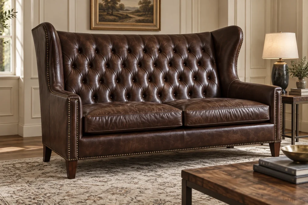Wingback settee sofa after being recovered in leather