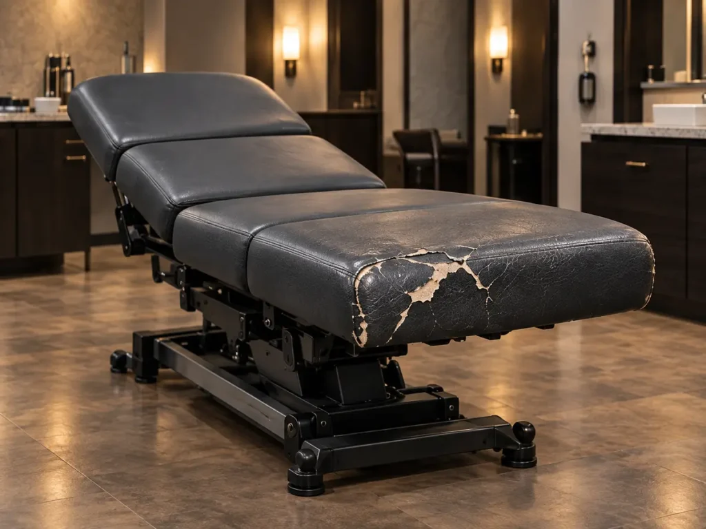 A charcoal treatment table with a torn, peeling leg section