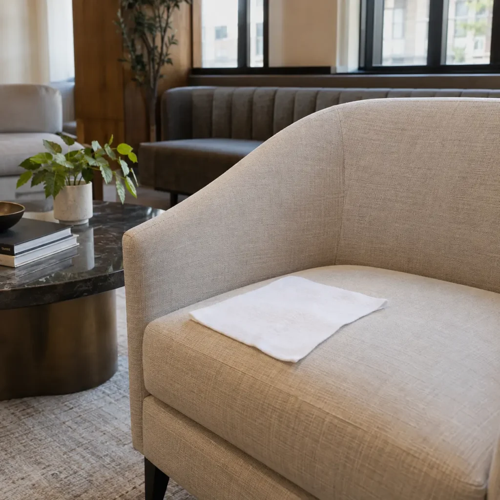Blot, never scrub on lobby and clubhouse furniture