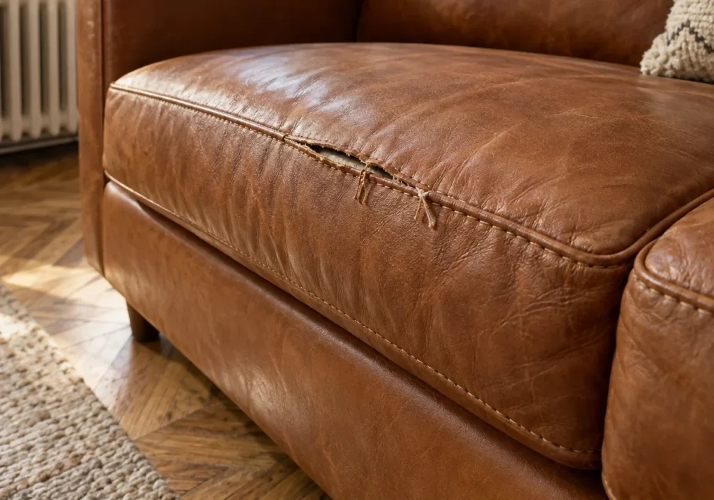 Opened seam on an apartment sofa cushion