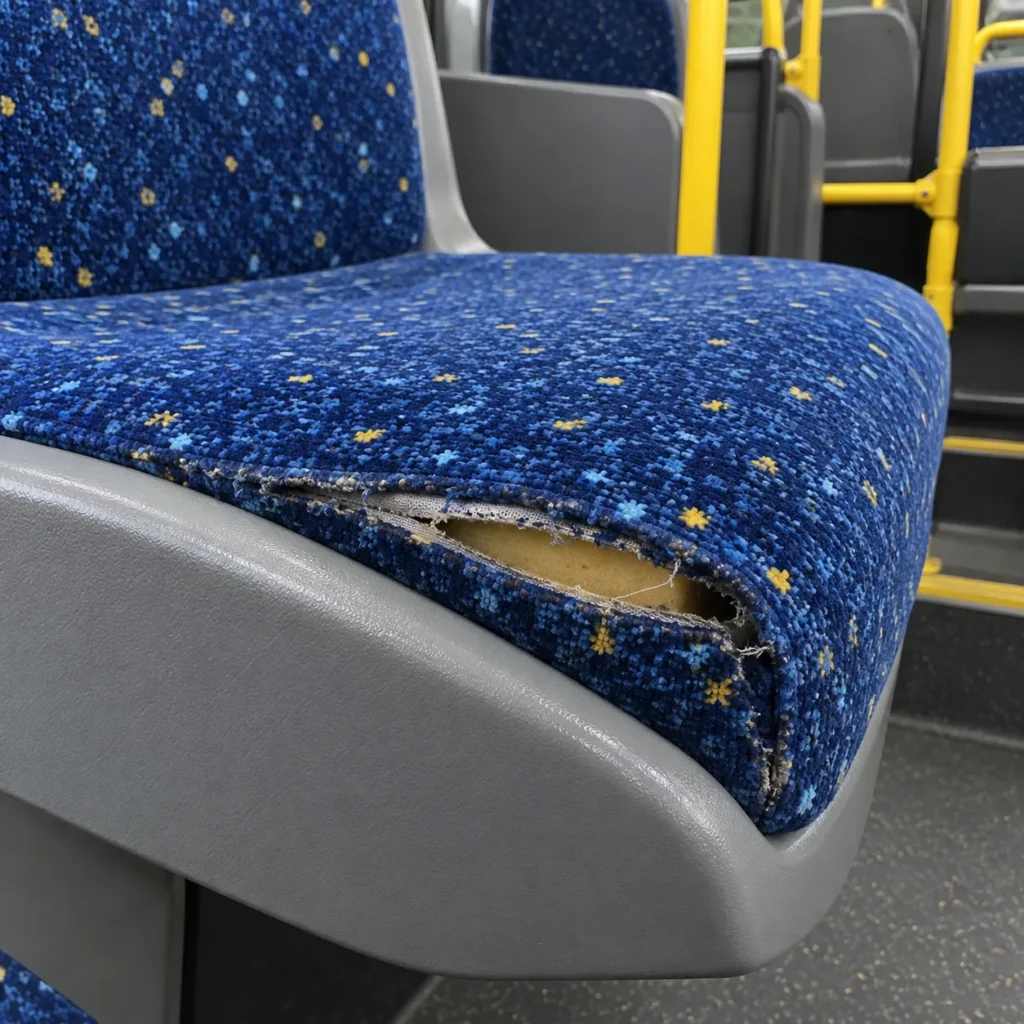 Opened seams in a transit bus
