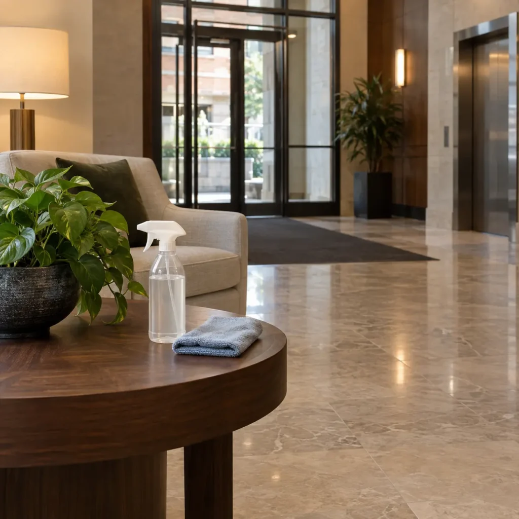 Dry cloth first on lobby and clubhouse furniture