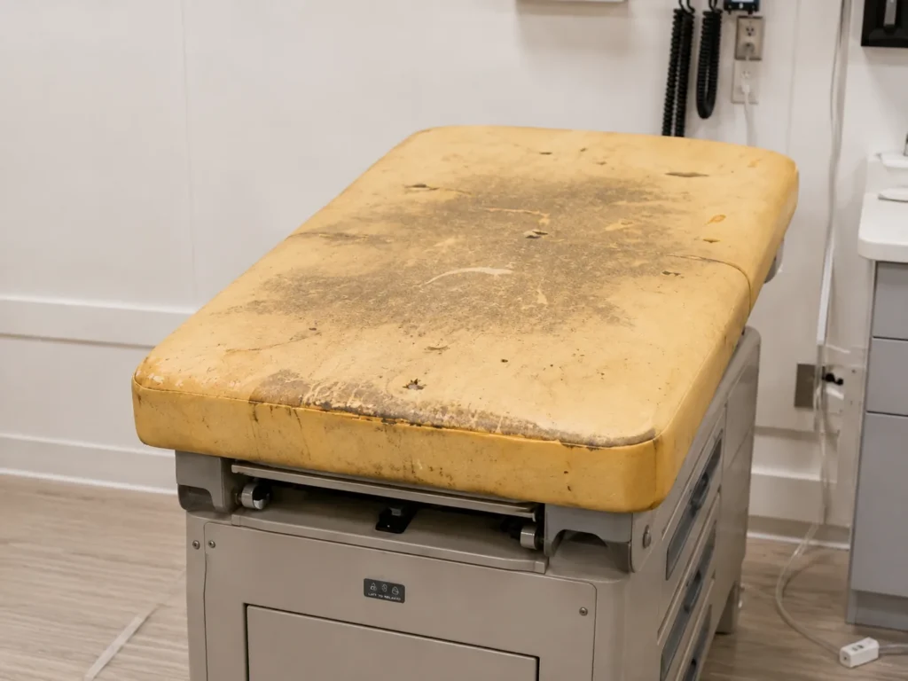 Soaked padding on an exam table top
