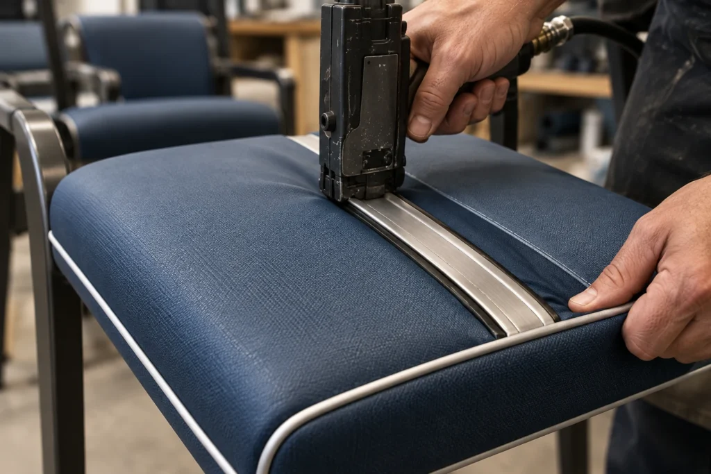 New vinyl being stapled onto a seat pan