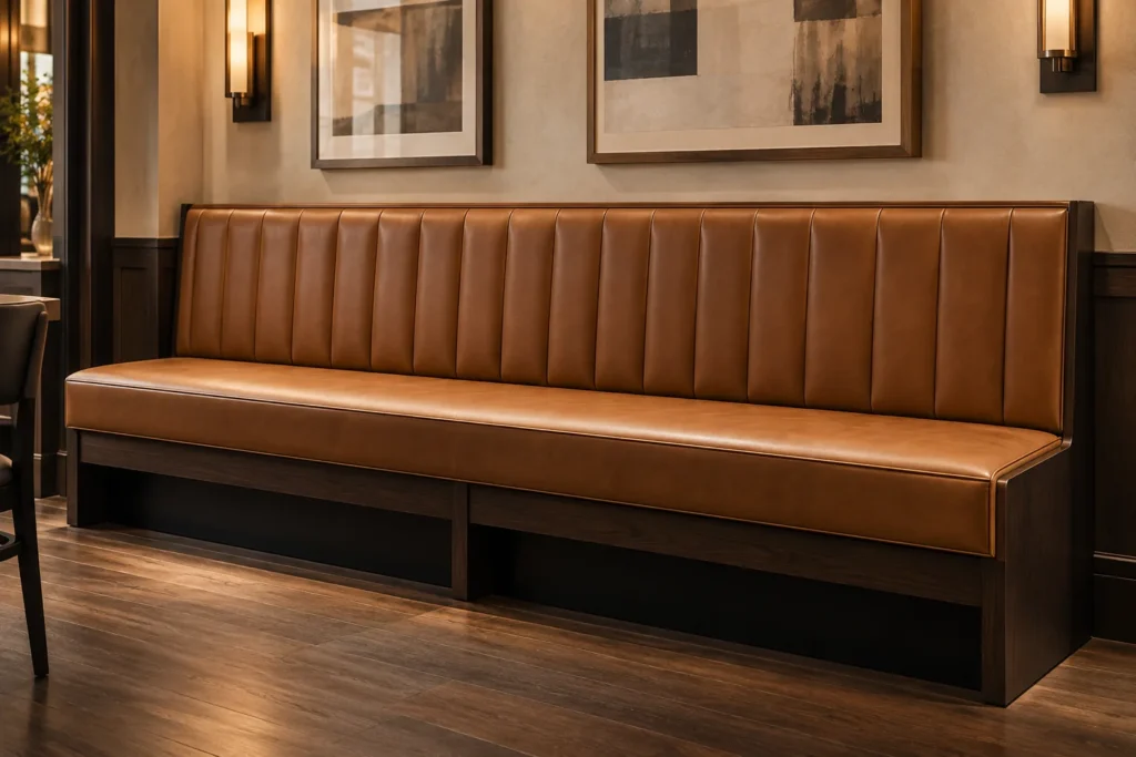 A tan channel-back banquette along a bar wall