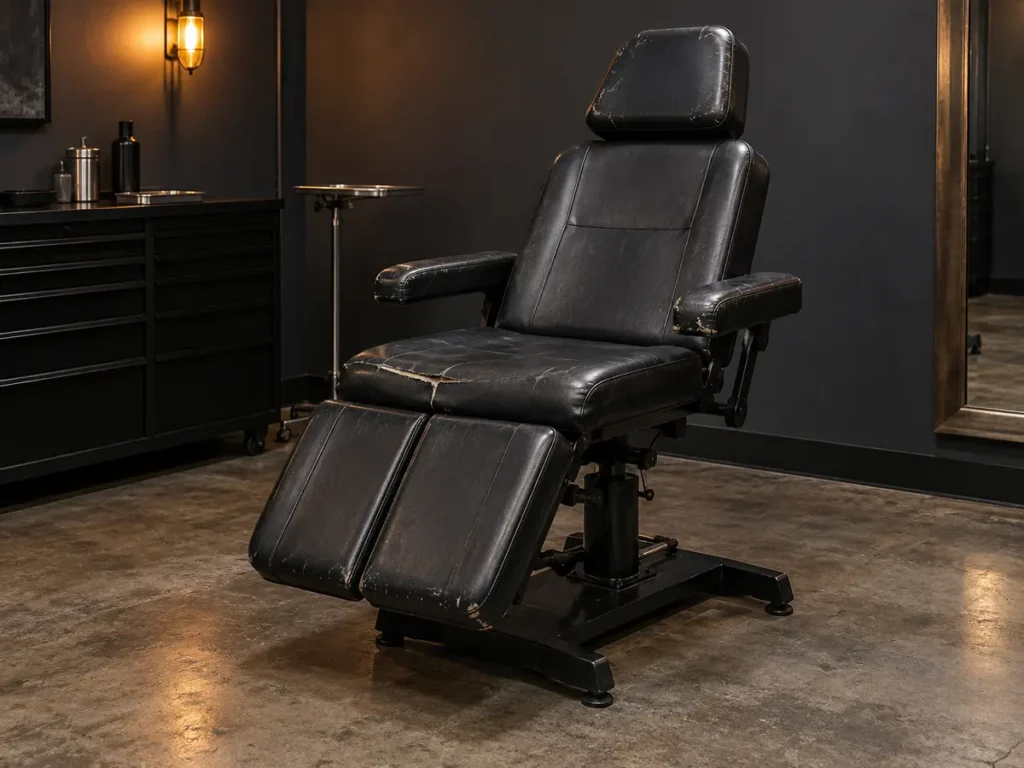 A worn black tattoo client chair