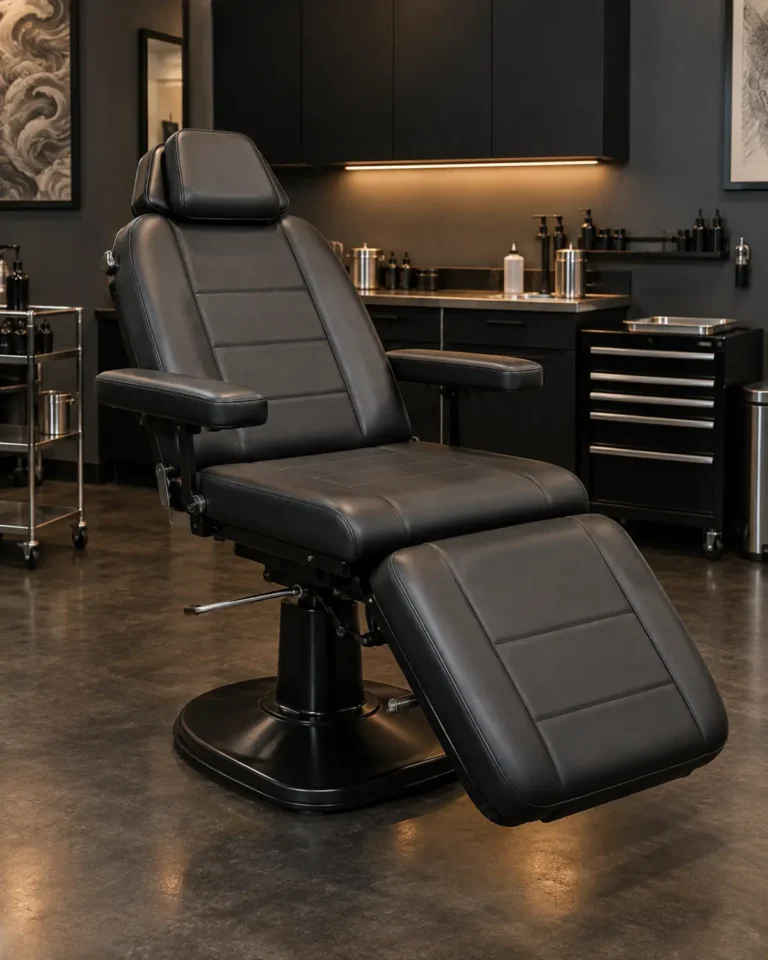 A black vinyl tattoo client chair