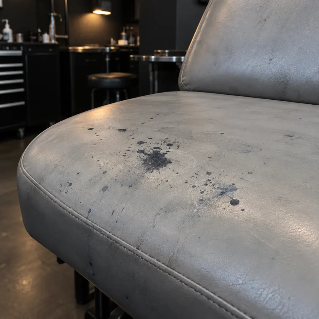 Blue-black ink marks soaked into gray chair vinyl