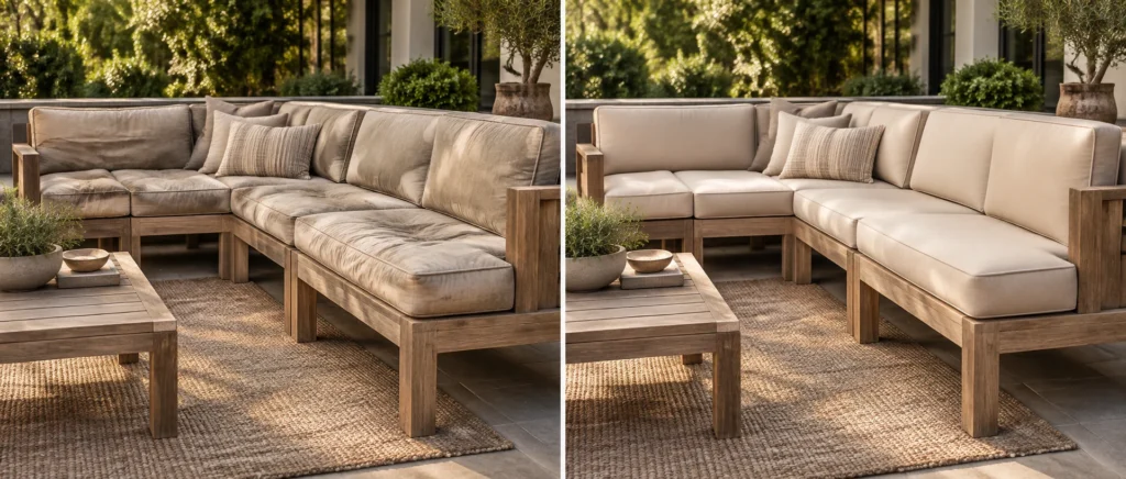 Outdoor teak sectional shown before and after, one frame with fresh cushions