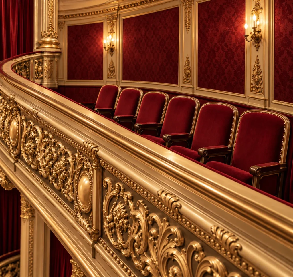 Box seats along a concert hall balcony